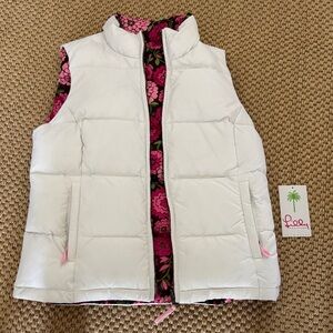 Lilly Pulitzer Reversible Libbi Puffer Vest White and Pink Brown Floral Size S